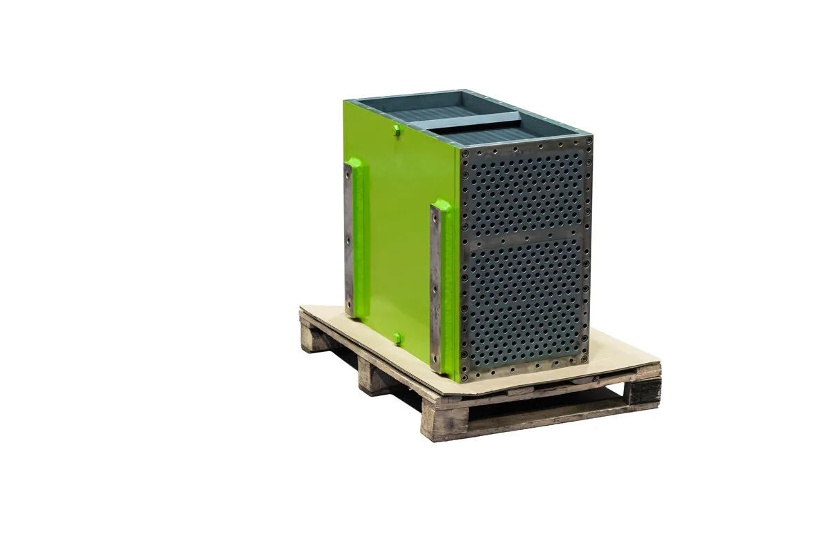 Overhauled Jenbacher charge air cooler, repainted and ready for delivery
