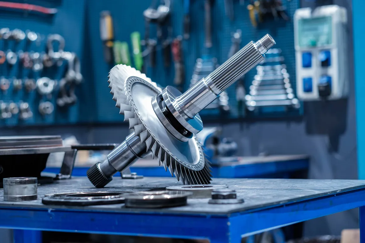 EMD 710 turbocharger rotor shaft with turbine wheel on the workbench