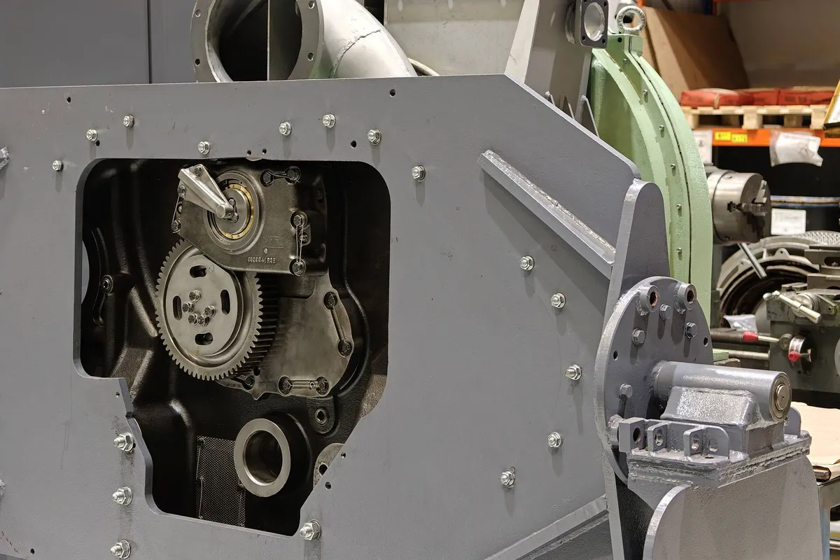 EMD turbocharger housing opened, showing the gear train