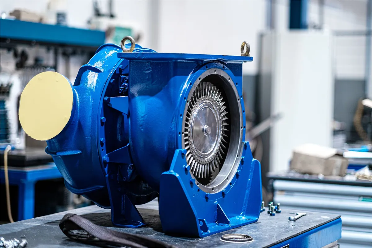 Hedemora HS509 turbocharger on the workshop bench, turbine end open