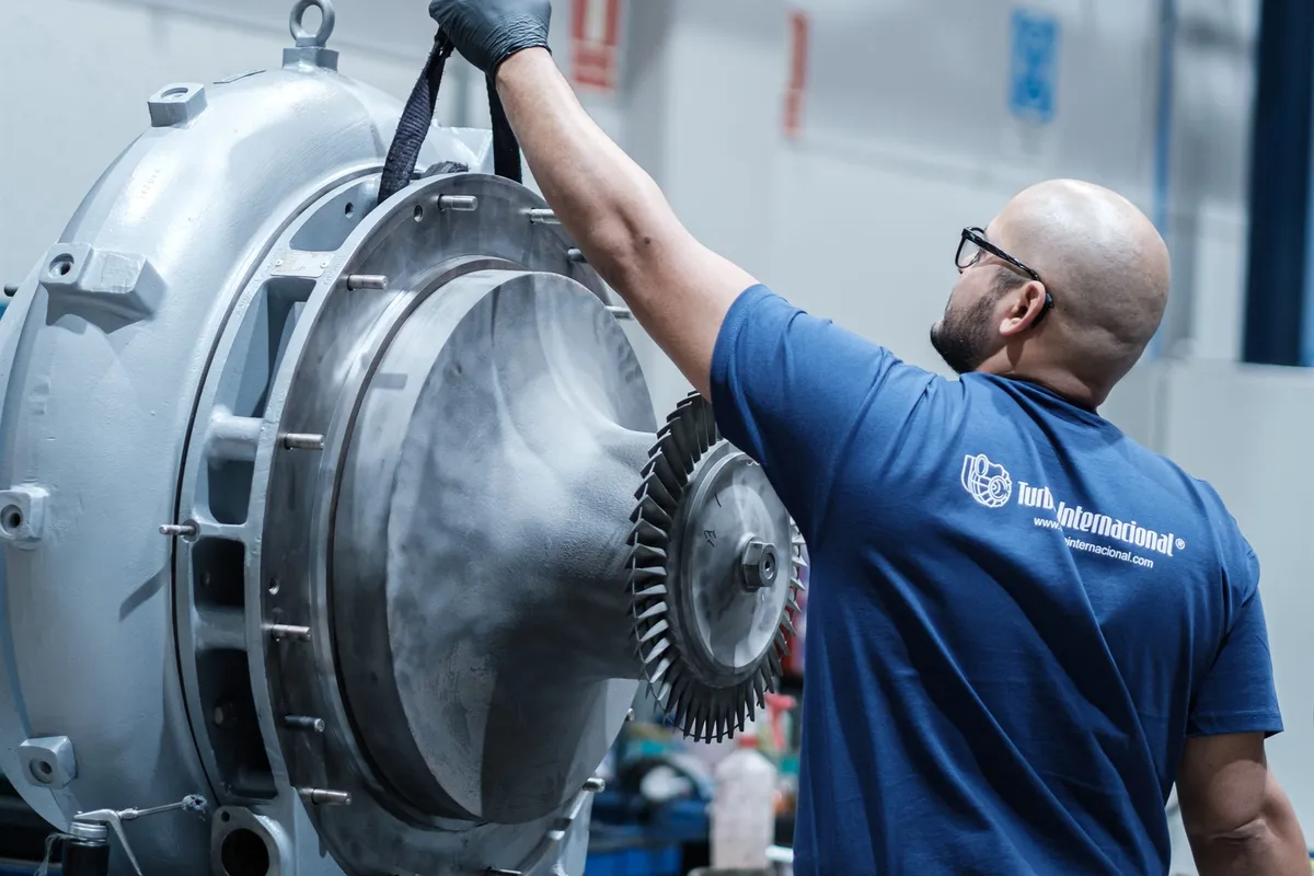 Napier NA357 turbocharger during overhaul: rotor and casing on the bench