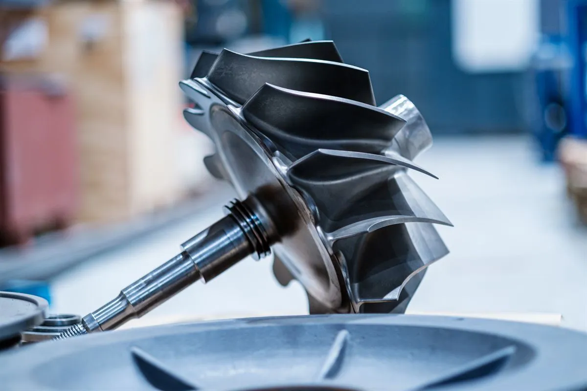Turbine wheel and shaft on the workshop bench
