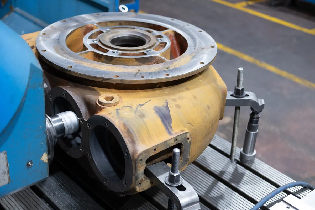 ABB VTR400 turbocharger casing under repair in the workshop