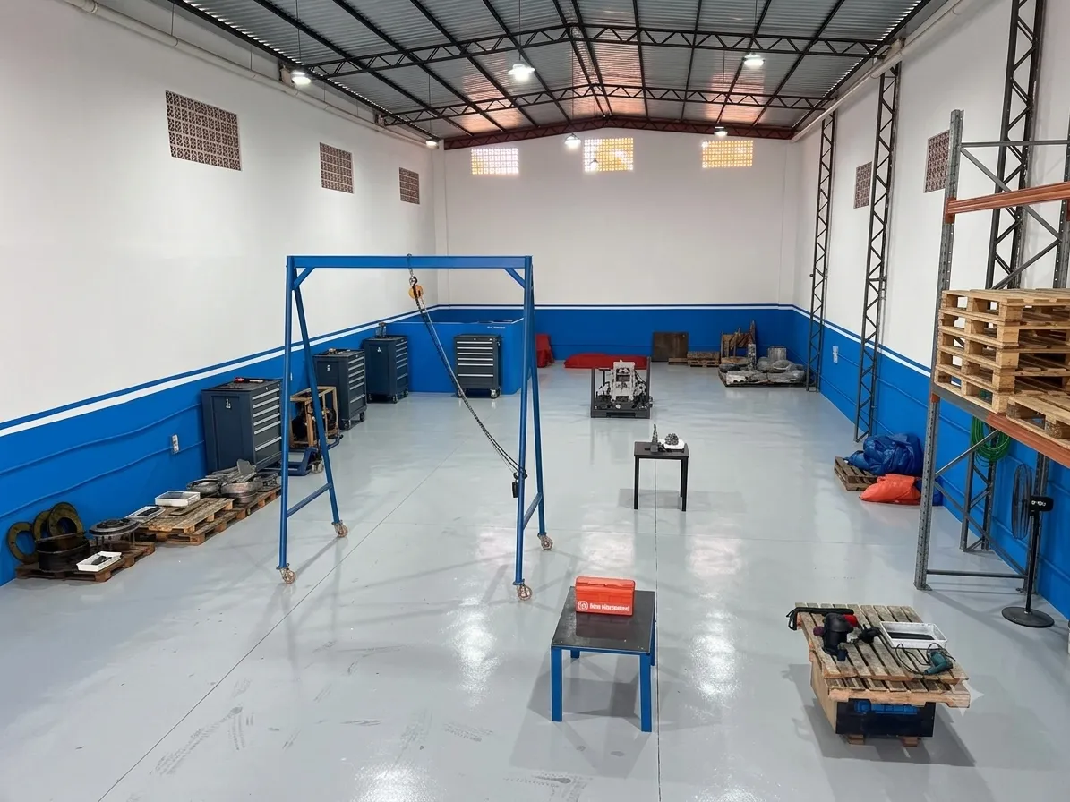 Workshop bay at the Asuncion station, with the mobile gantry crane and tool cabinets