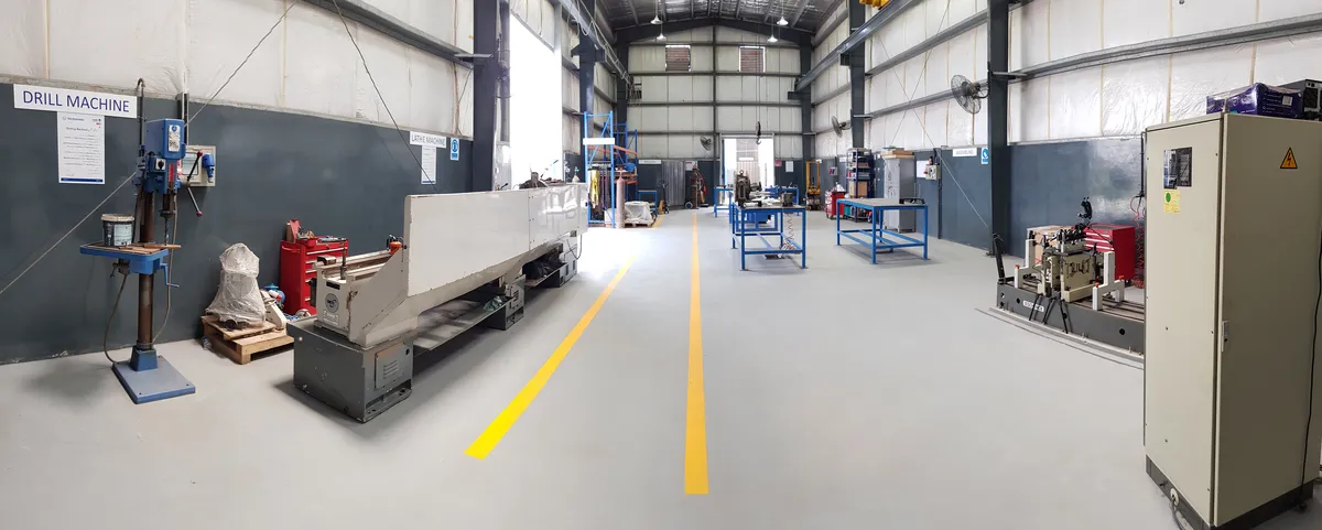 Main bay of the Lahore workshop, with the balancing machine bed